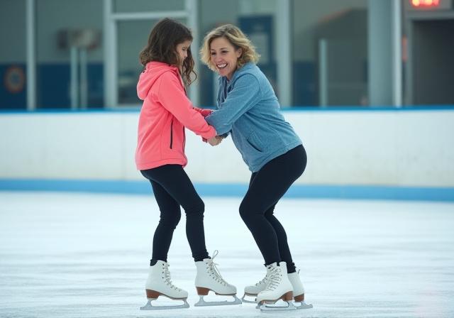 A figure skating coach teaching a young student a spin move.
